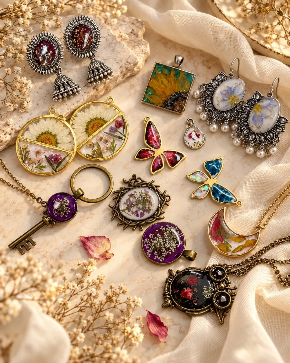 A flat-lay of pressed-flower resin jewellery: jhumkas, daisy hoops, butterfly and moon pendants, a key keychain and cameo pendants among baby’s breath