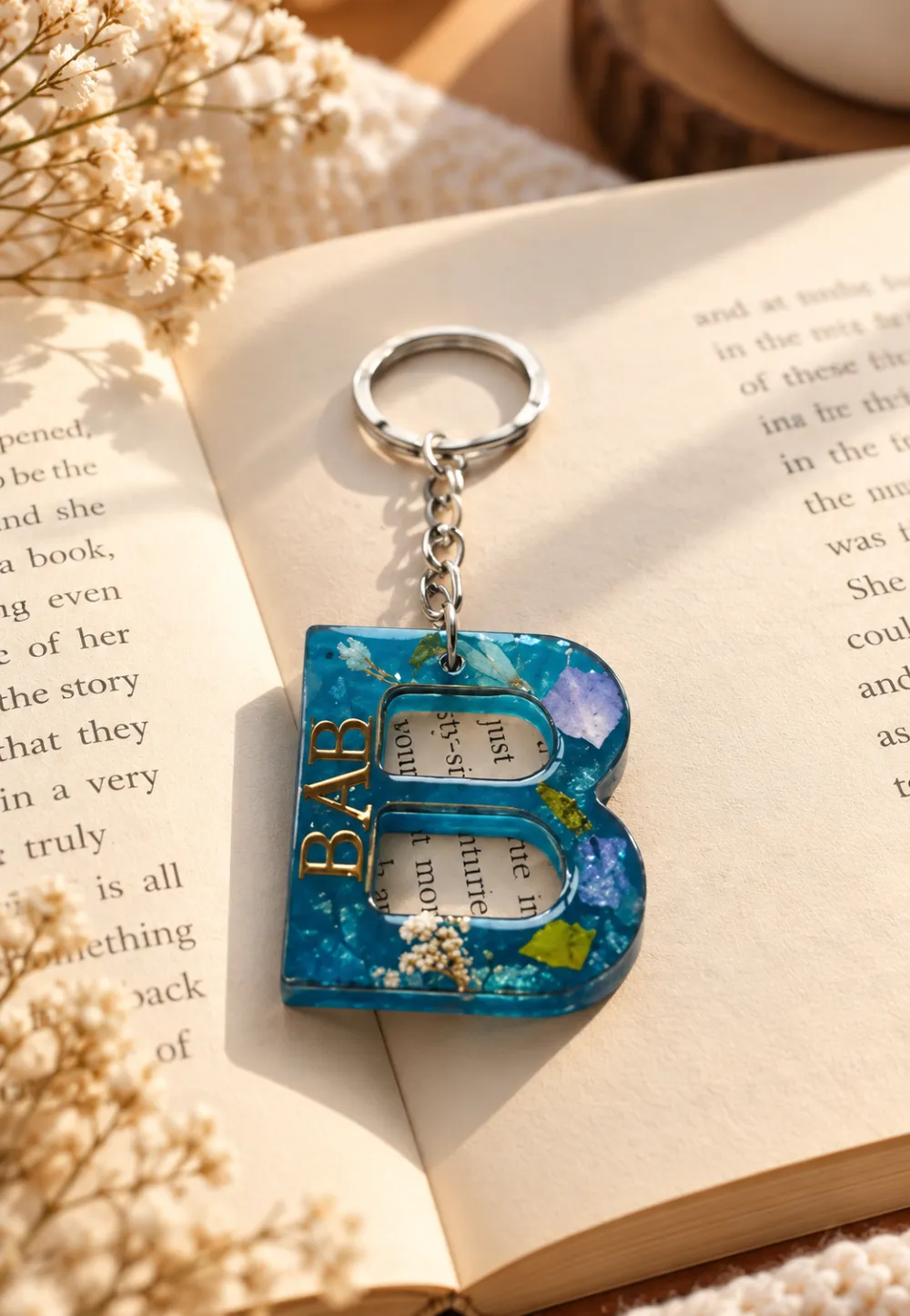 A personalised ocean-blue resin keychain shaped as the letter B, resting on an open book